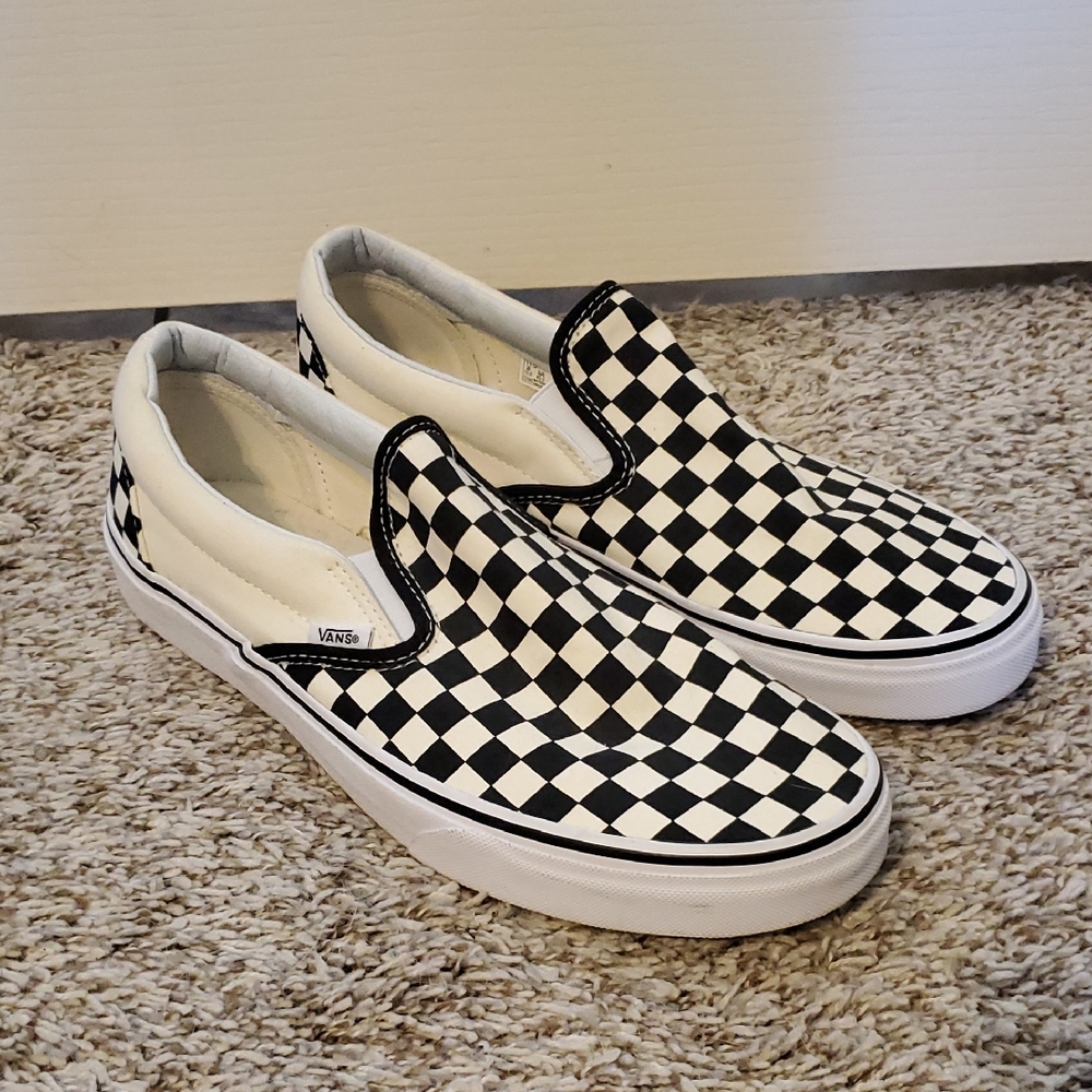Vans Men's Black and White Checkered Slip-On Sneakers, Size 11.5